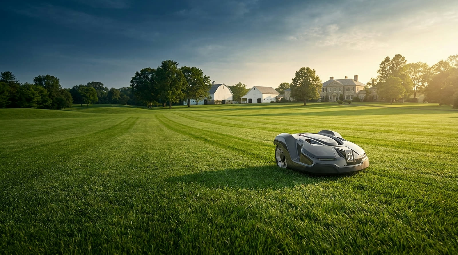 Robotic lawn mower on a manicured estate lawn in Far Hills, NJ