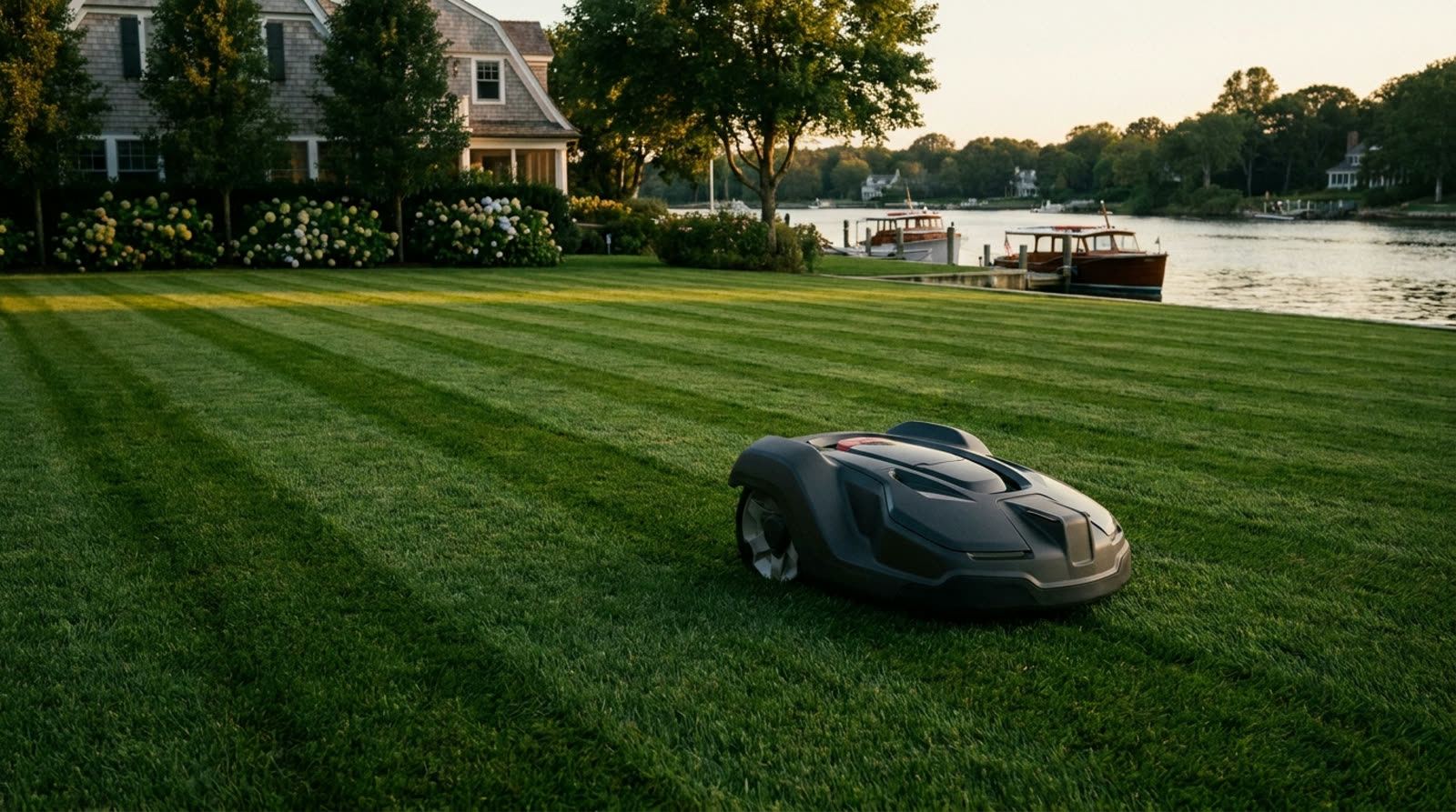 Robotic lawn mower on a manicured estate lawn in Rumson, NJ