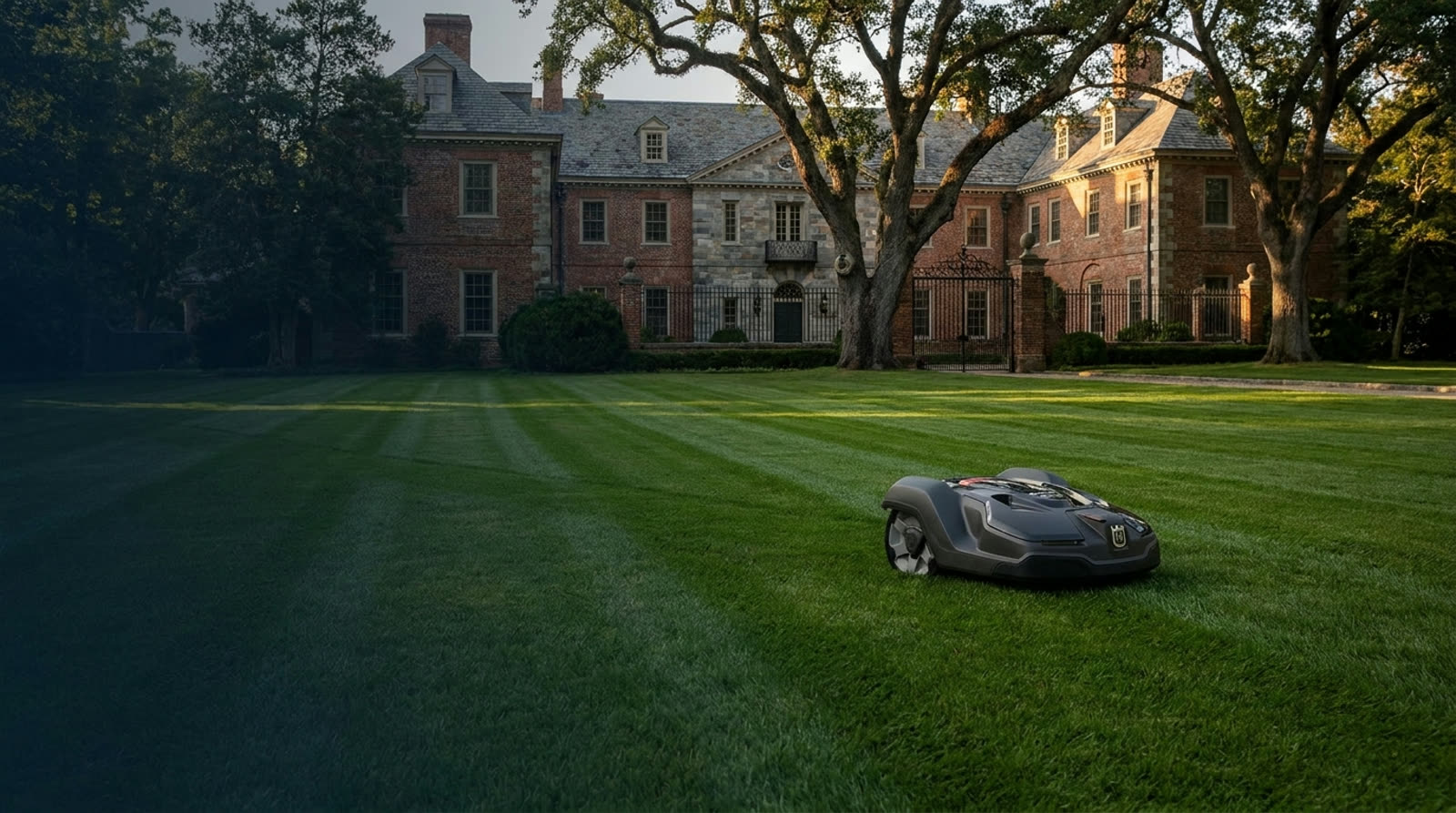 Robotic lawn mower on a manicured estate lawn in Saddle River, NJ
